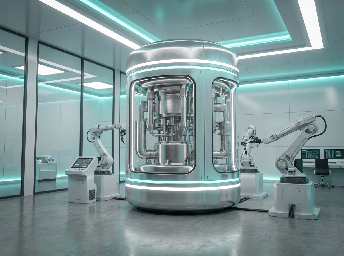 A sleek and compact modular nuclear reactor design inside a clean high-tech facility, white and teal lighting, futuristic industrial design, detailed mechanical parts, 4:3, no text.