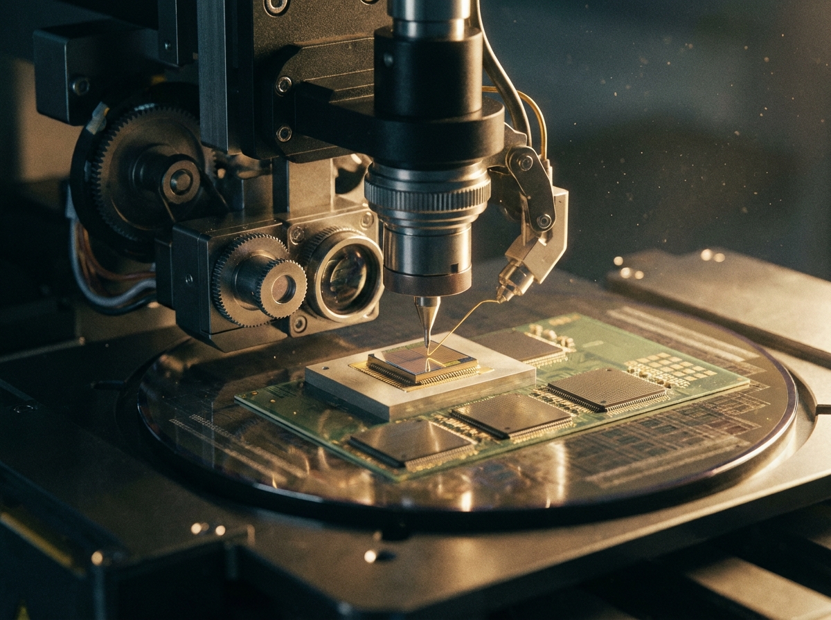 Close-up of a high-precision semiconductor bonding machine, microchips being processed, cinematic lighting, 4:3, no text