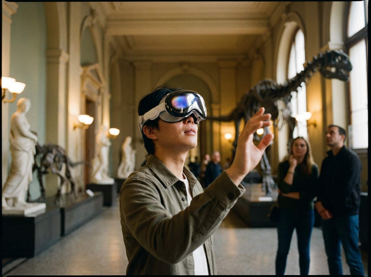 A person wearing a high-tech VR headset in a museum setting, looking around in awe, soft warm lighting, cinematic photography, 4:3
