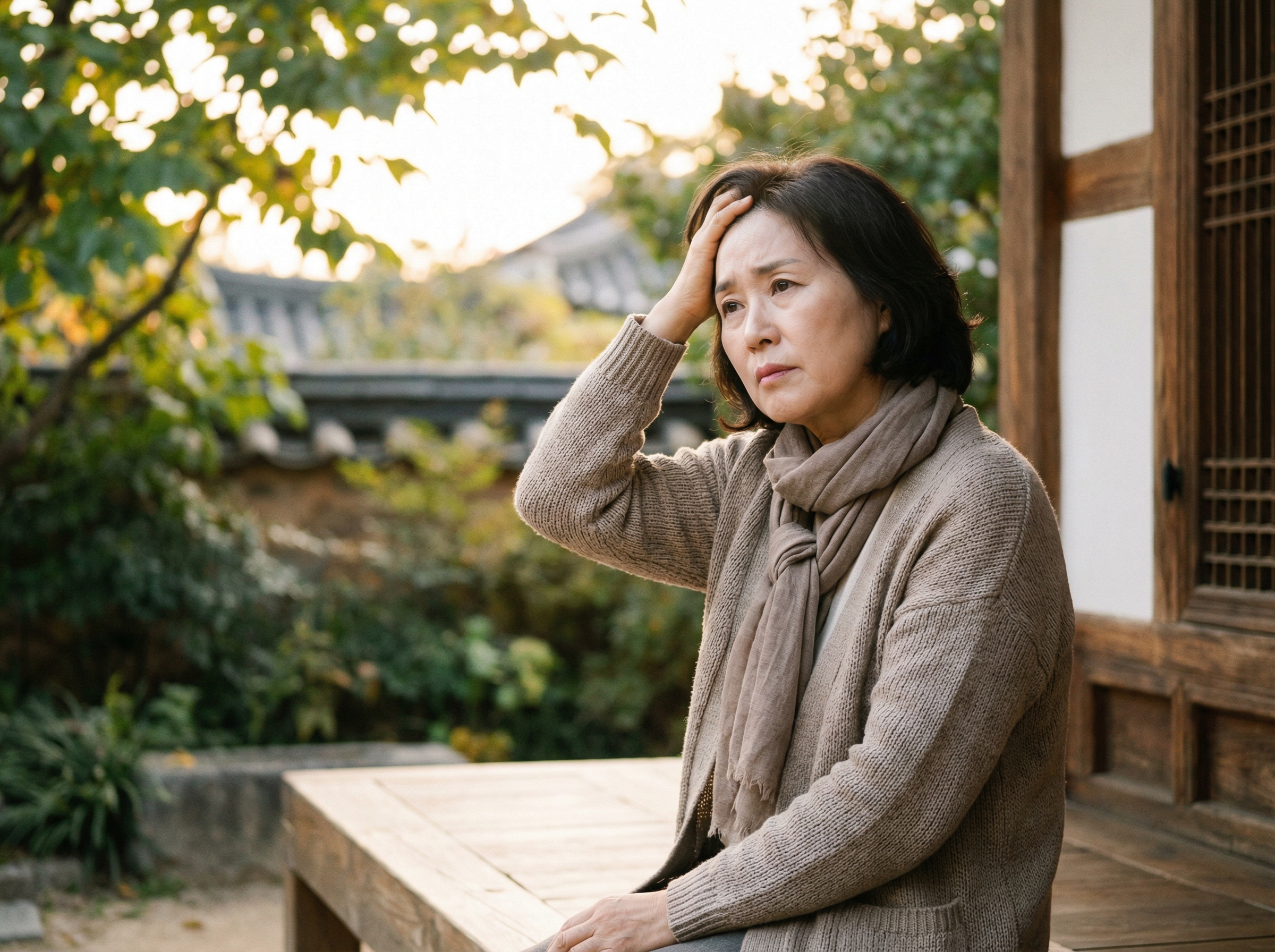 A Korean woman in her 50s or 60s looking thoughtful and slightly confused, holding her head, as if trying to remember something. Soft, warm lighting, natural setting, lifestyle photography. Aspect ratio 4:3, no visible text.