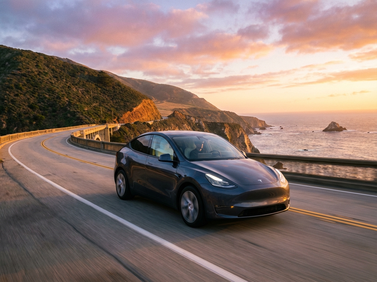 A dark grey Tesla Model Y driving on a scenic coastal highway during sunset, realistic photography style, 4:3 aspect ratio, no text.