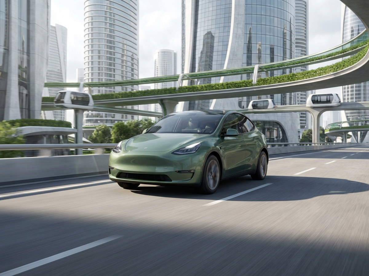 A modern Tesla Model Y Juniper driving through a sleek, futuristic city street during the day, high-quality automotive photography, natural lighting, 4:3 aspect ratio, no text.