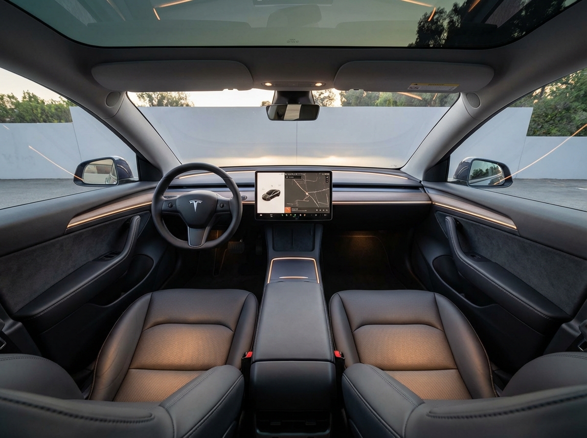 Interior of a Tesla Model Y Juniper showing the minimalist dashboard, ambient lighting, and ventilated seats, luxury feel, 4:3 aspect ratio, no text.