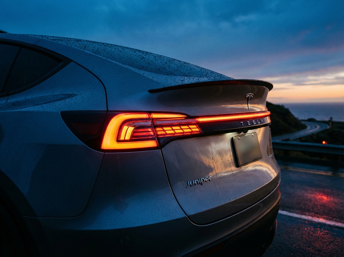 Close-up of the rear tail lights and sleek design of a gray Tesla Model Y Juniper, evening lighting, cinematic feel, 4:3 aspect ratio, no text.