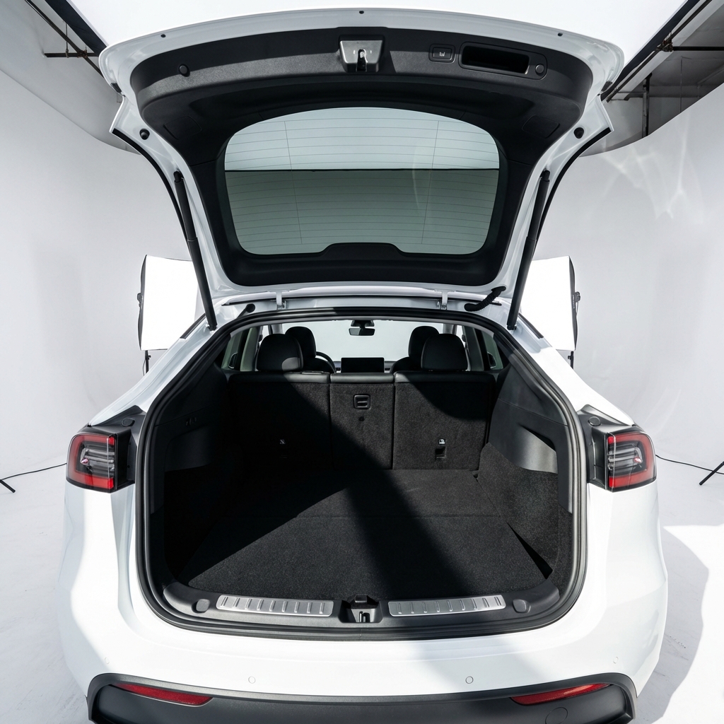 Detailed view of an open trunk of a white Tesla Model Y Juniper in a bright studio. The interior is spacious and clean. High contrast professional photography. 1:1 aspect ratio. No text.