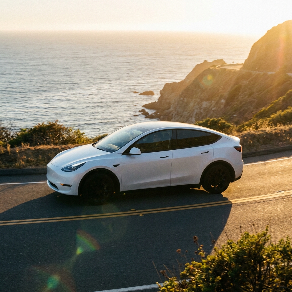 A side view of a white Tesla Model Y driving on a scenic coastal road during golden hour. Cinematic lighting and realistic textures. High resolution lifestyle photography. 1:1 aspect ratio. No text.