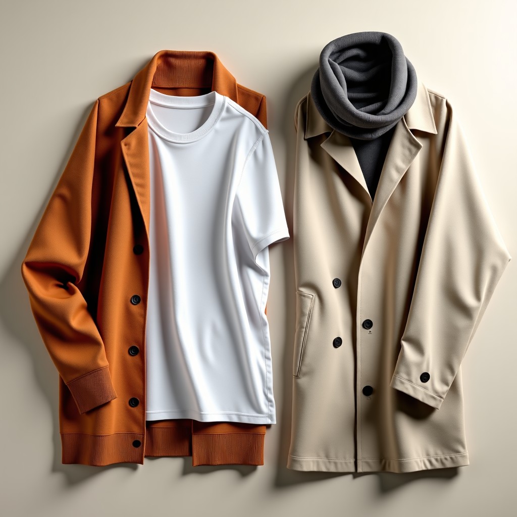 Lifestyle photography of a spring and autumn clothing flat lay on a neutral background, featuring a cashmere cardigan, a light windbreaker, a cotton t-shirt, and a stylish muffler, natural soft lighting, 4:3