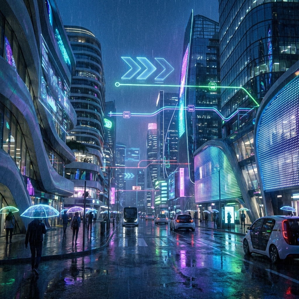 A smart city street at night with holographic navigation signs and digital information displays floating in the air. Modern architecture, neon lights, rainy street reflections. Detailed composition. No text. 1:1