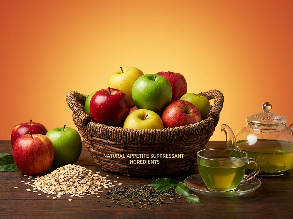 A high-contrast, modern layout featuring a basket of fresh apples, oats, and green tea leaves. The background is a warm orange gradient. High quality photography style with natural appetite suppressant ingredients. 4:3