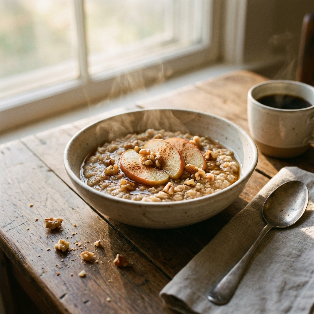 A natural lifestyle photography of a warm bowl of oatmeal with sliced apples on a wooden table. Soft morning sunlight. Real food textures. 1:1