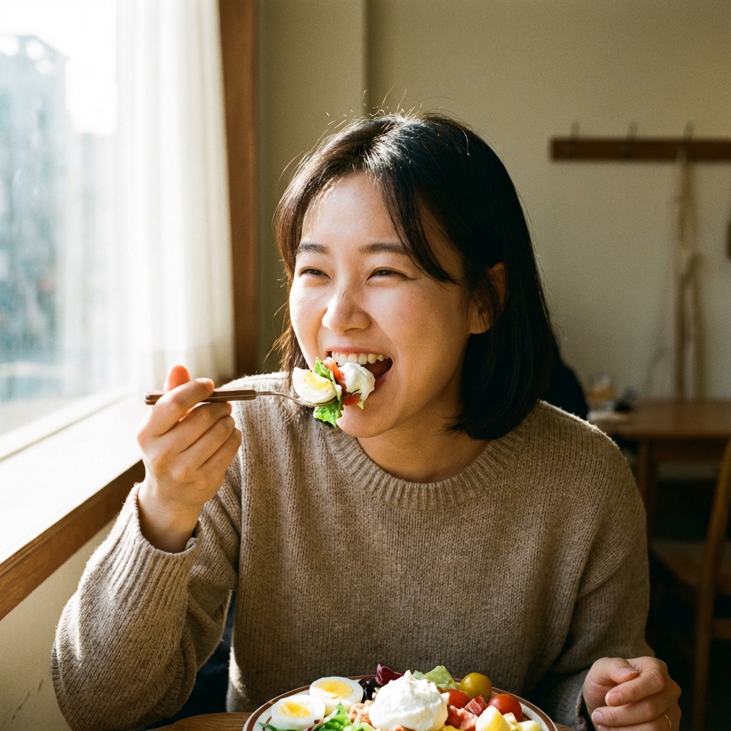 A person with a Korean appearance happily eating a healthy salad with boiled eggs and Greek yogurt. Bright and balanced lighting. Natural expression. 1:1