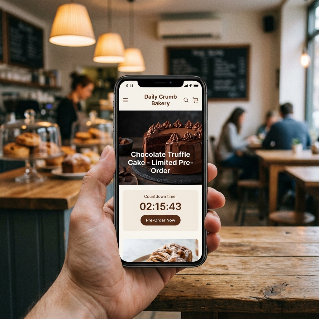 A smartphone screen displaying a bakery mobile app with a countdown timer and a banner for a special chocolate cake pre-order. The background is a cozy cafe setting with warm lighting. Professional lifestyle photography style. 1:1