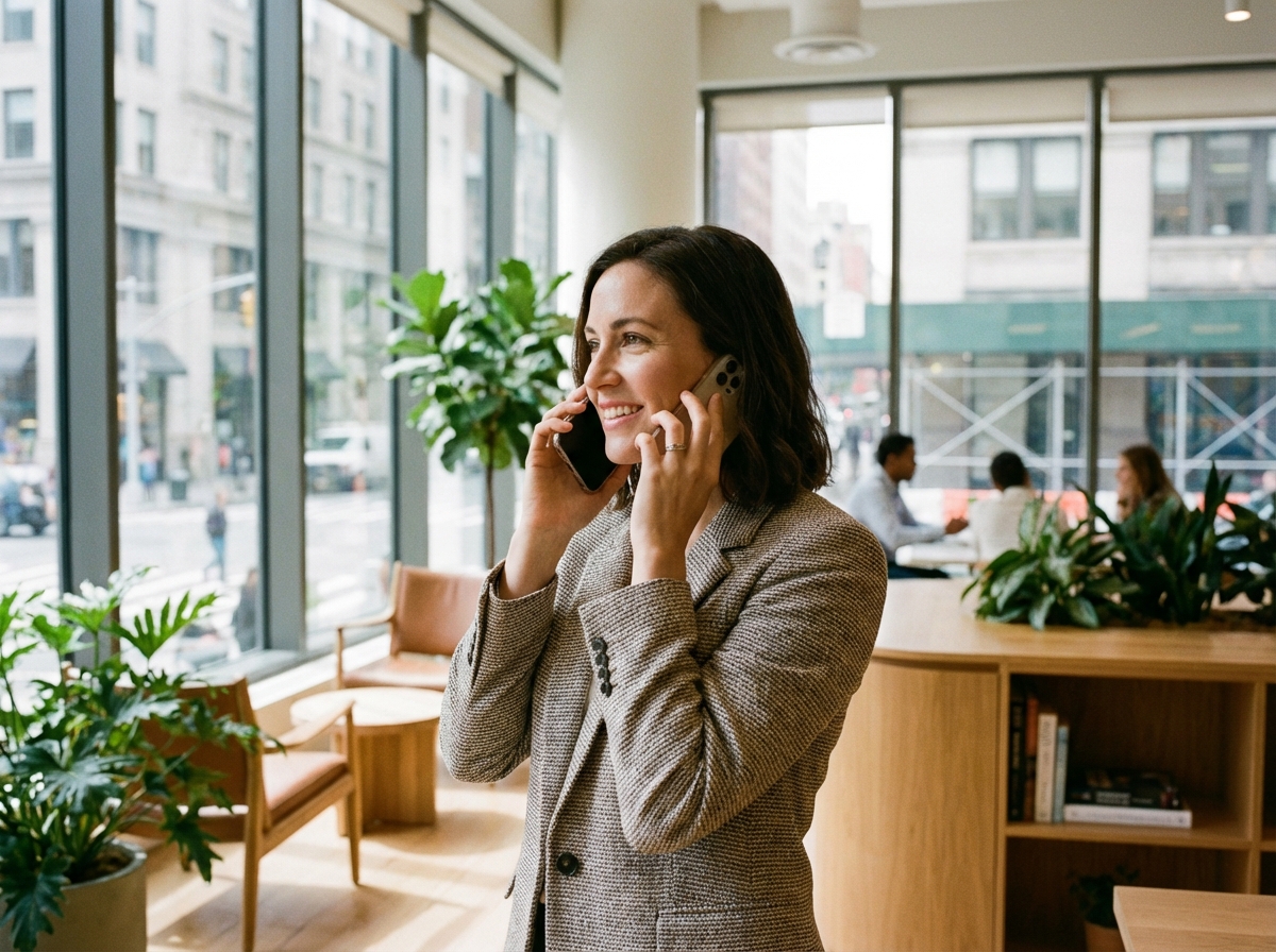 A person holding a smartphone and making a phone call in a modern urban office environment. The person looks hopeful and focused. Natural daylight, high-quality lifestyle photography. 4:3