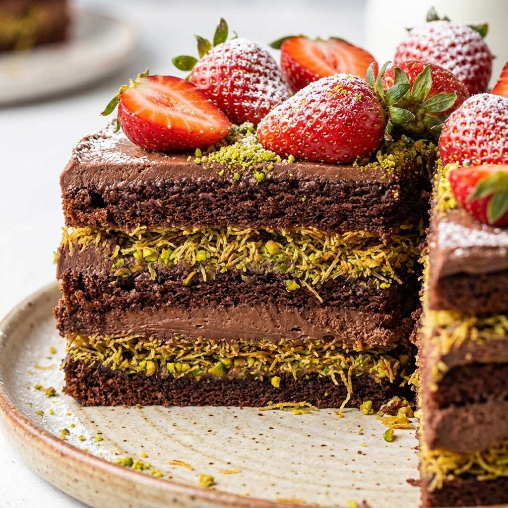 A close-up shot of a sliced chocolate cake with visible layers of pistachio green kadayif and chocolate cream. Fresh strawberries are on top. Bright, appetizing food photography with focus on the crunchy texture. 1:1