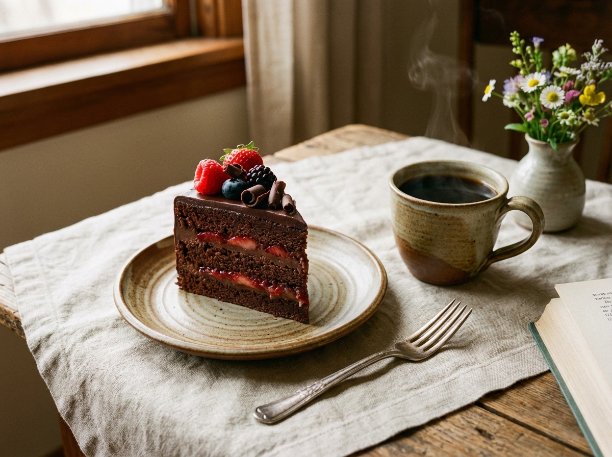 A slice of chocolate strawberry cake on a stylish ceramic plate next to a steaming cup of black coffee. The table has a warm, inviting atmosphere with a linen tablecloth. Detailed composition, lifestyle aesthetic. 4:3