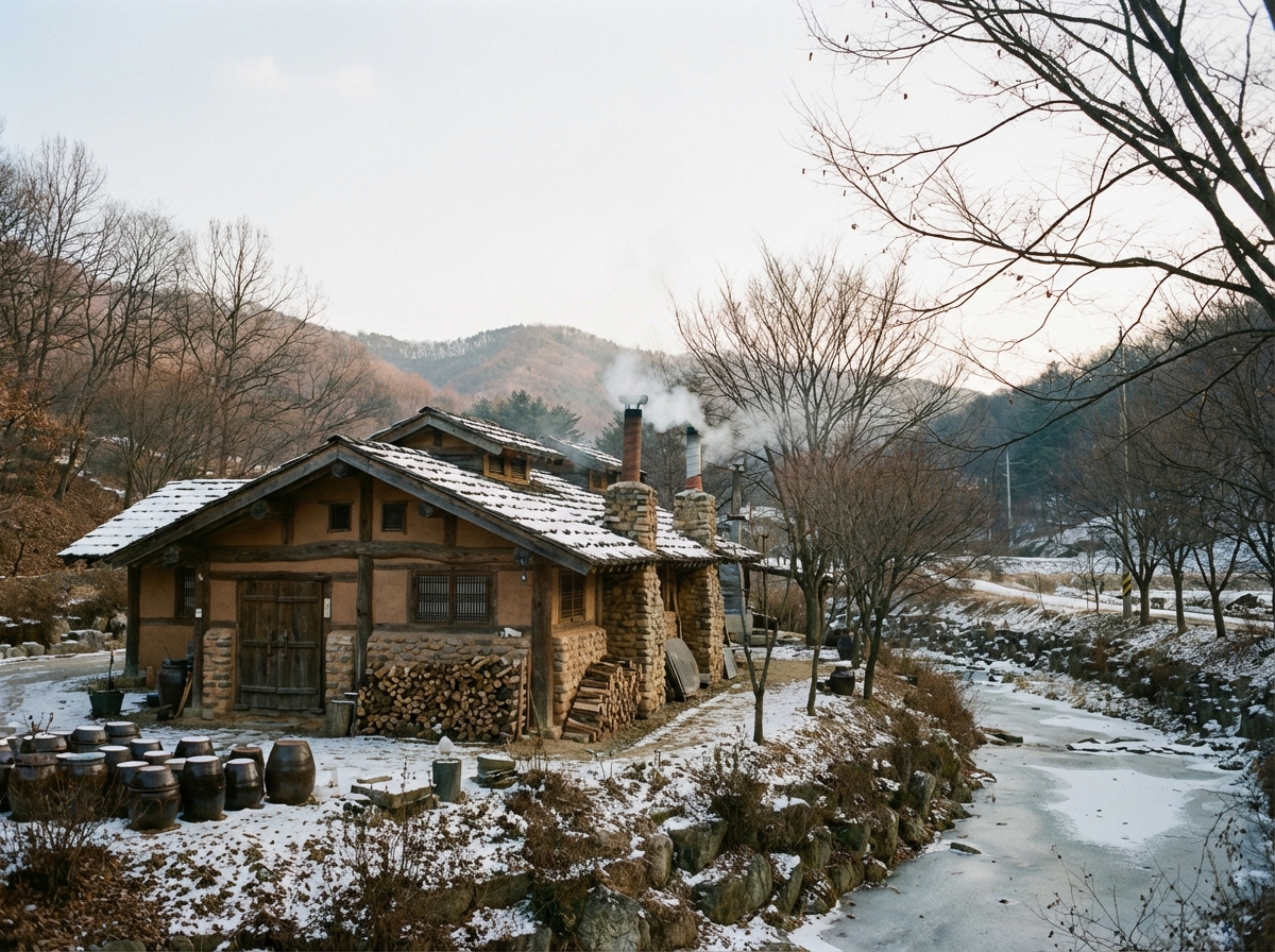 A wide shot of a traditional Korean charcoal kiln sauna building located in a quiet rural area of Yongin. The building has a rustic and authentic wooden structure with smoke rising gently from chimneys. The surrounding landscape features bare winter trees and a peaceful atmosphere. No text. 4:3