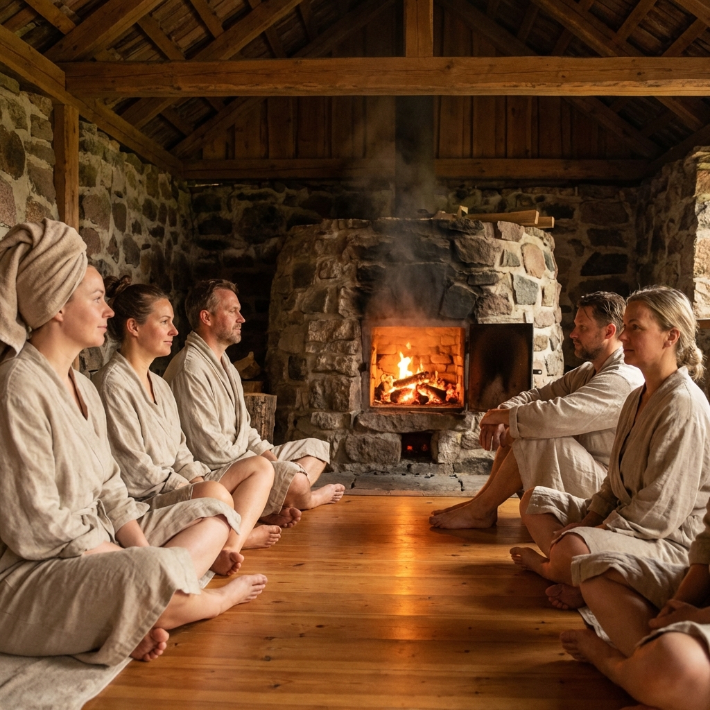 People wearing simple sauna clothes sitting on a wooden floor in front of a traditional stone charcoal kiln. The lighting is warm and natural from the glowing embers inside the kiln. The interior is made of wood and stone, creating a cozy and healing atmosphere. No text. 1:1