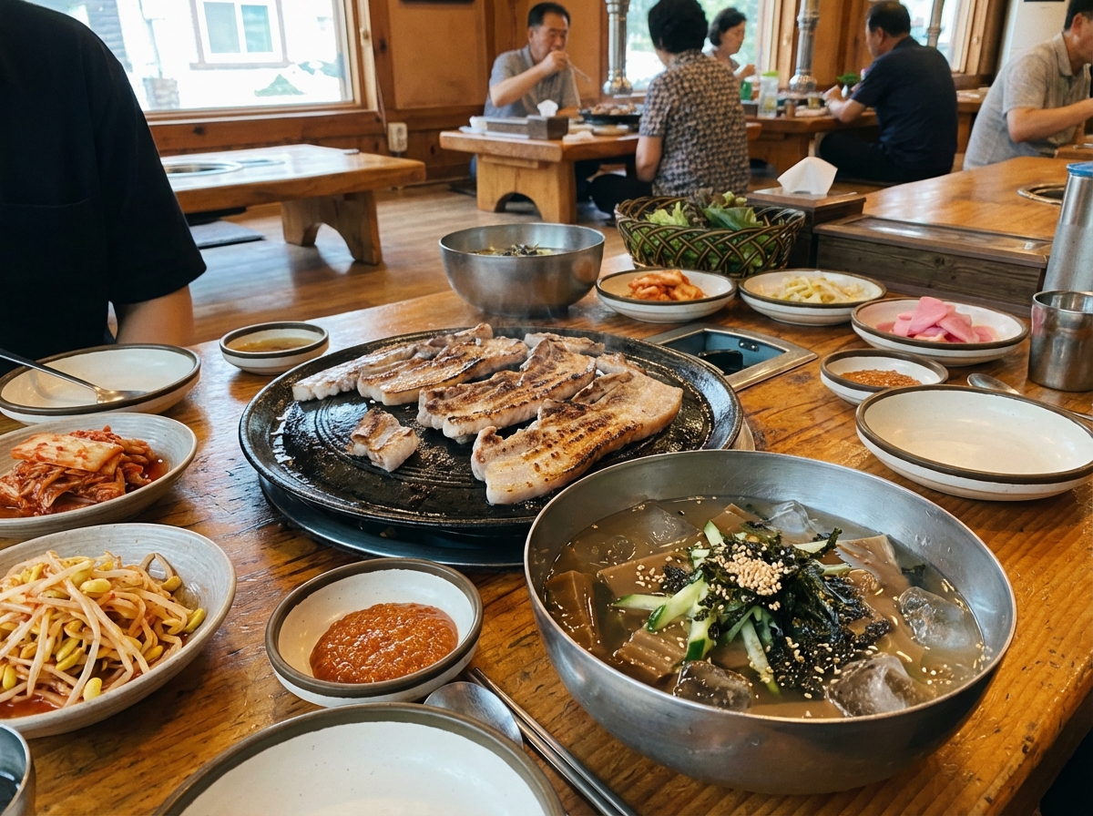 A delicious Korean table setting featuring grilled pork belly (Samgyeopsal) with grill marks, a bowl of cold acorn jelly soup (Mukbab) with ice cubes and vegetables, and various small side dishes. The background is a rustic restaurant setting with wooden tables. Realistic lifestyle photography. No text. 4:3
