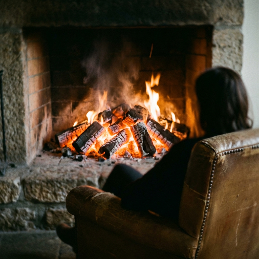 A close-up shot of glowing orange charcoal embers in a traditional fireplace. A person's silhouette is visible from the back, sitting peacefully and looking at the fire. The atmosphere is warm, calm, and meditative. High quality photography with soft focus. No text. 1:1