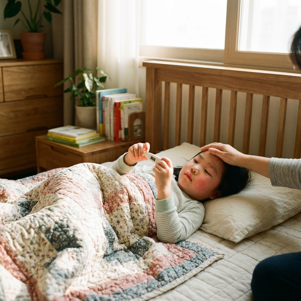 A Korean child resting in a cozy bed at home, holding a digital thermometer showing a high temperature, warm lighting, natural domestic setting, high quality lifestyle photography, 1:1