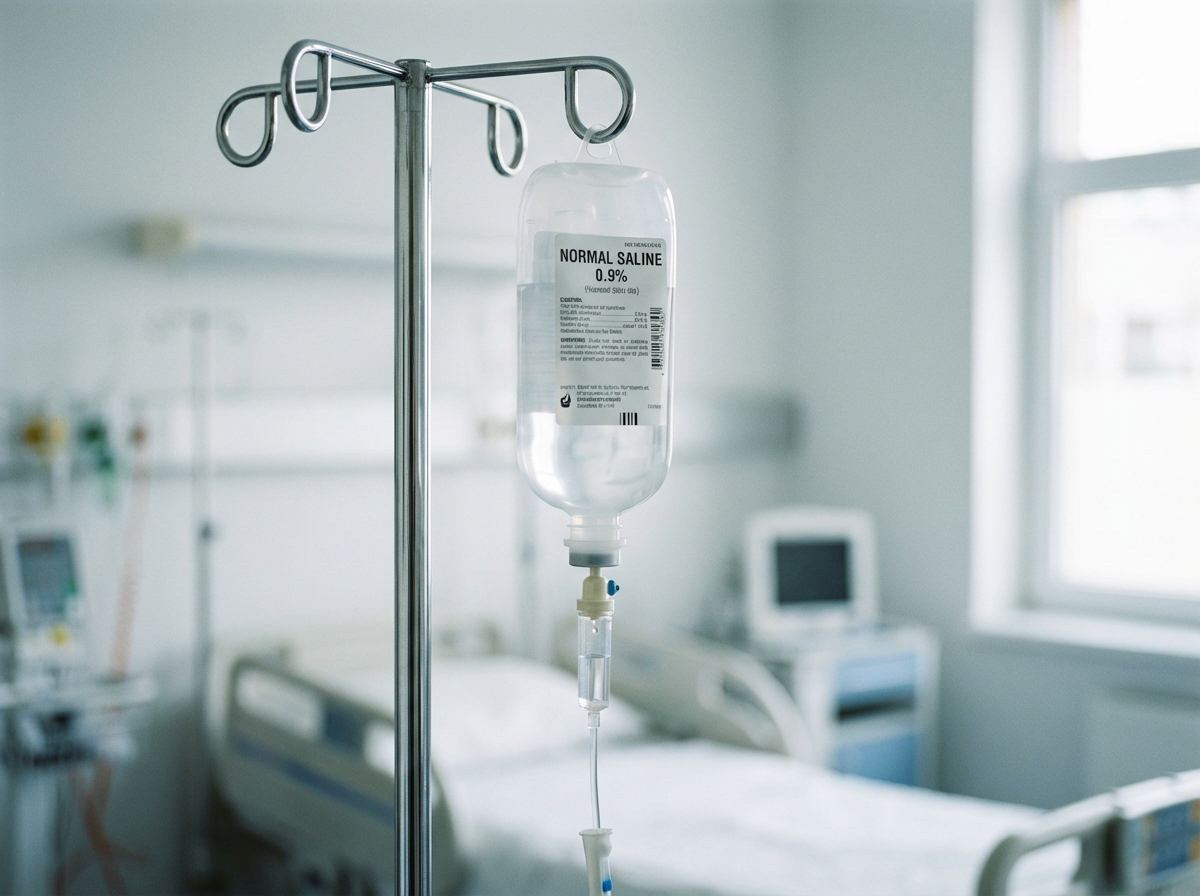 A hospital IV drip bag hanging on a silver pole, blurred hospital room background, clean and sterile atmosphere, realistic medical photography, 4:3