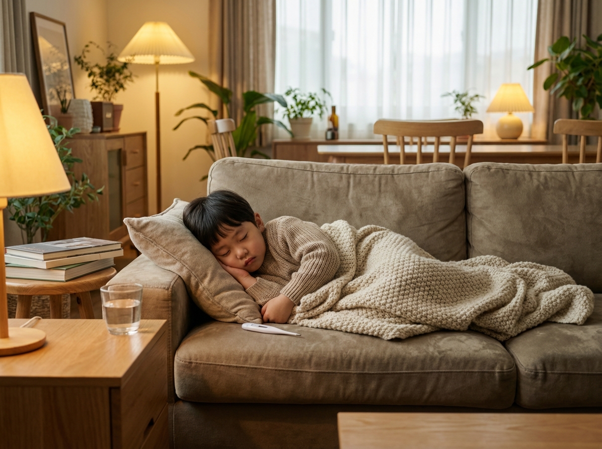 A Korean child resting comfortably on a sofa with a soft blanket, a digital thermometer on a side table, warm and cozy indoor lighting, lifestyle photography, natural setting, 4:3