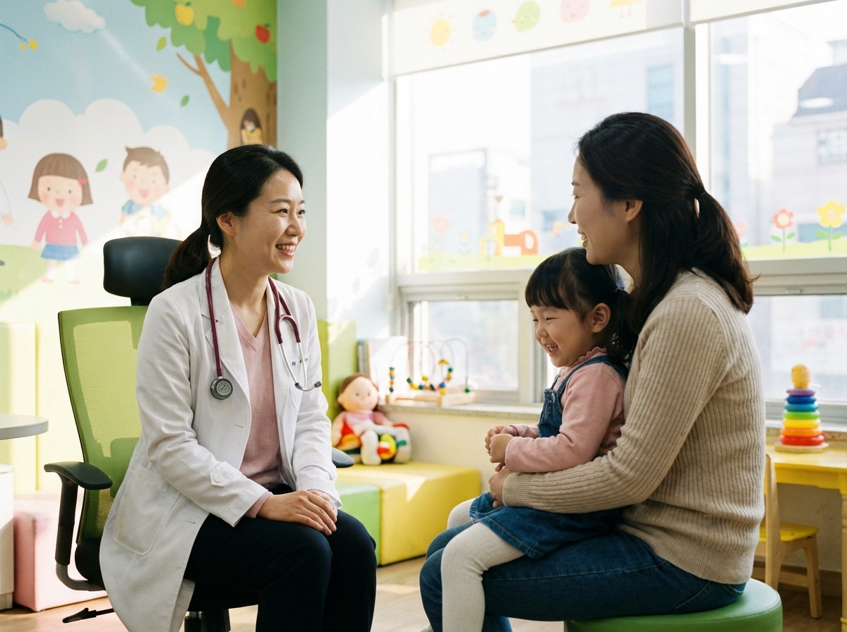 A friendly Korean pediatrician talking to a parent and a child in a bright clinic, professional and reassuring atmosphere, natural expressions, high resolution, 4:3