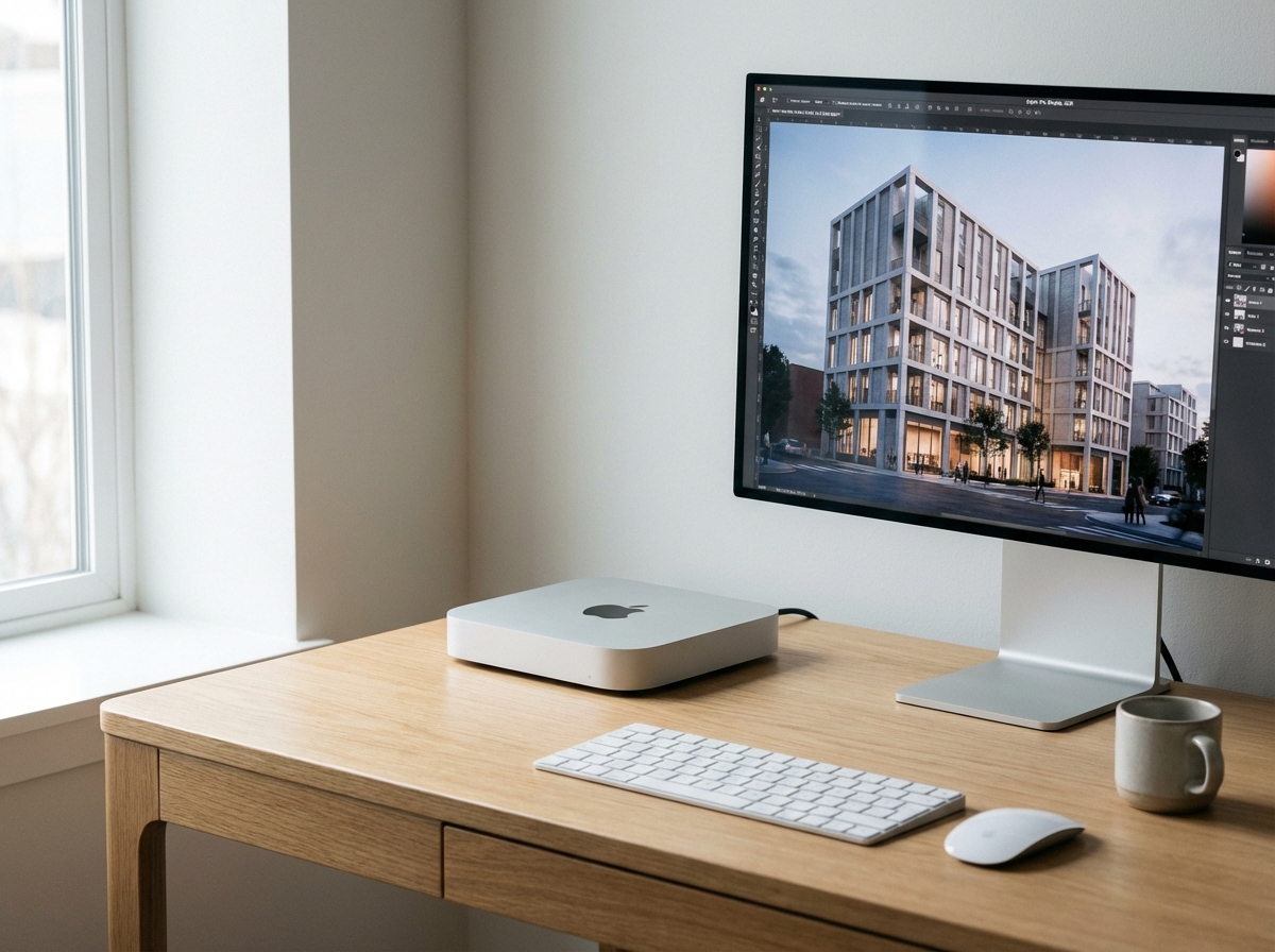 A sleek silver Mac mini M4 positioned on a modern minimalist wooden desk next to a high-end monitor. Soft natural window lighting, clean office setup, professional photography style, high resolution. 4:3