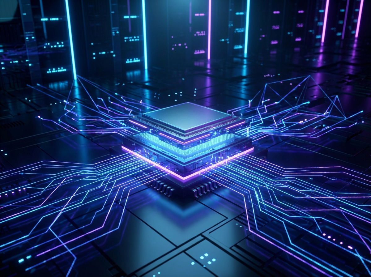 A glowing high-tech processor chip with energy lines flowing out, dark background with futuristic neon blue and purple accents, cinematic lighting, 3D render style. 4:3