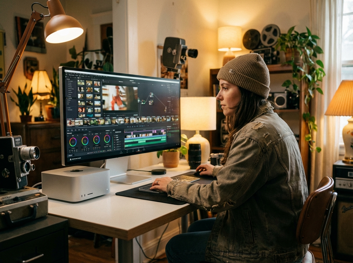 A person editing professional video content on a large screen connected to a small silver desktop computer, creative studio atmosphere, warm indoor lighting, lifestyle photography. 4:3