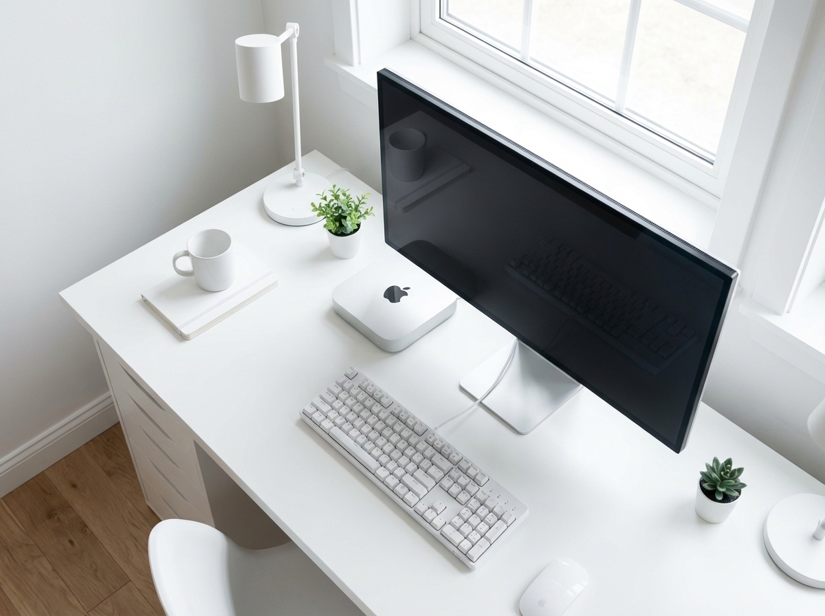 A wide shot of an organized white desk setup, featuring a small silver computer, white keyboard, and a high-resolution monitor, bright aesthetic, natural light, top-down perspective, professional interior photography. 4:3
