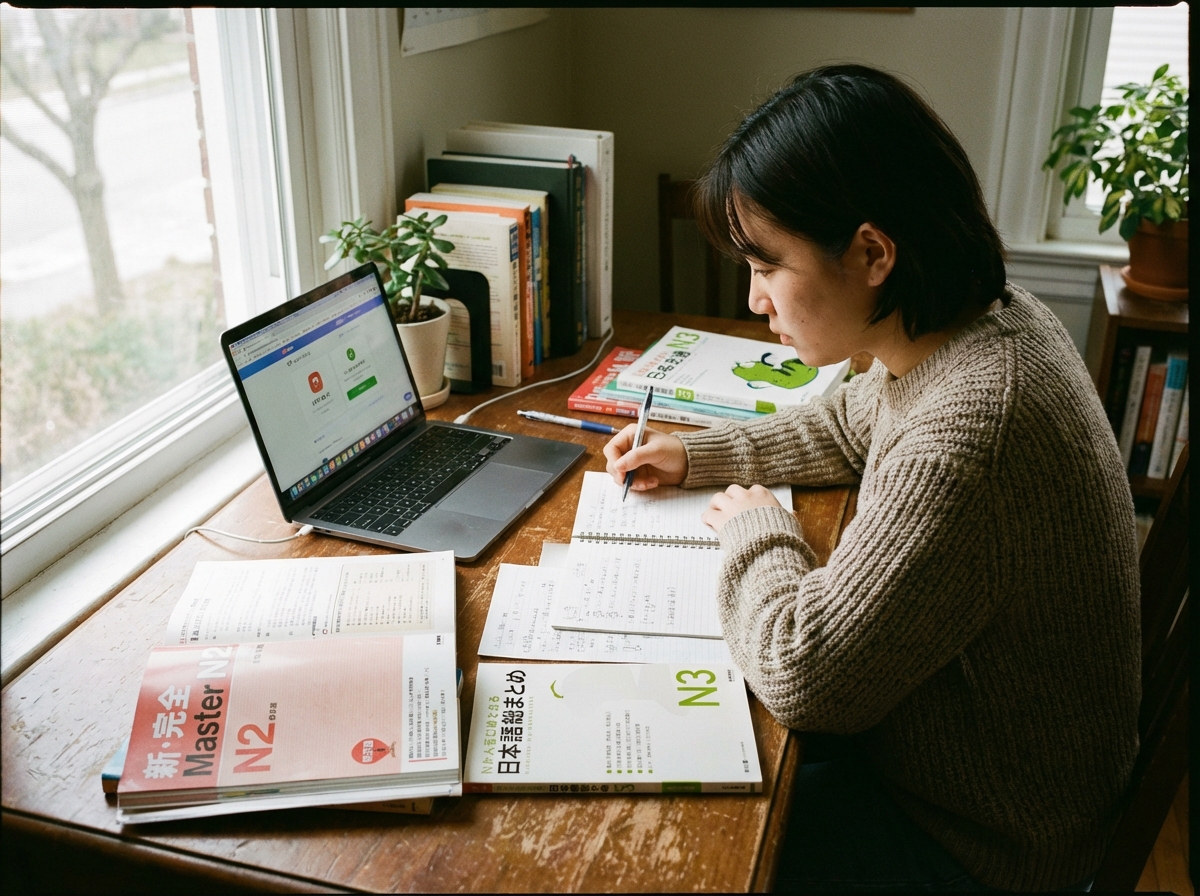 A focused young adult student studying Japanese language at a wooden desk. There are several JLPT textbooks, notebooks, and a laptop open. The lighting is bright and natural, coming from a nearby window. The atmosphere is quiet and academic. High quality photography. 4:3