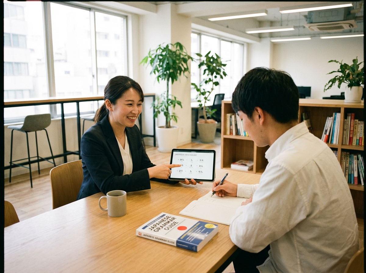 A realistic scene of a one-on-one language tutoring session. A professional instructor is explaining Japanese grammar to a student using a tablet and a notebook. They are sitting in a modern, well-lit office or classroom. Friendly and focused atmosphere. 4:3