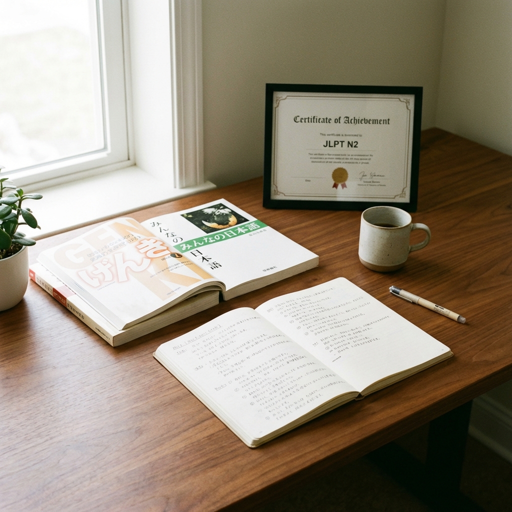A clean and modern lifestyle photography showing Japanese language textbooks, a notebook with handwriting, and a formal certificate of achievement on a warm wooden desk with soft natural lighting from a window. 1:1