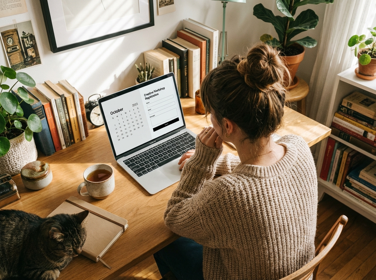 A high-angle lifestyle photography of a person looking at a laptop screen displaying a clean calendar and a registration form, with a cup of tea nearby in a cozy home office setting. 4:3
