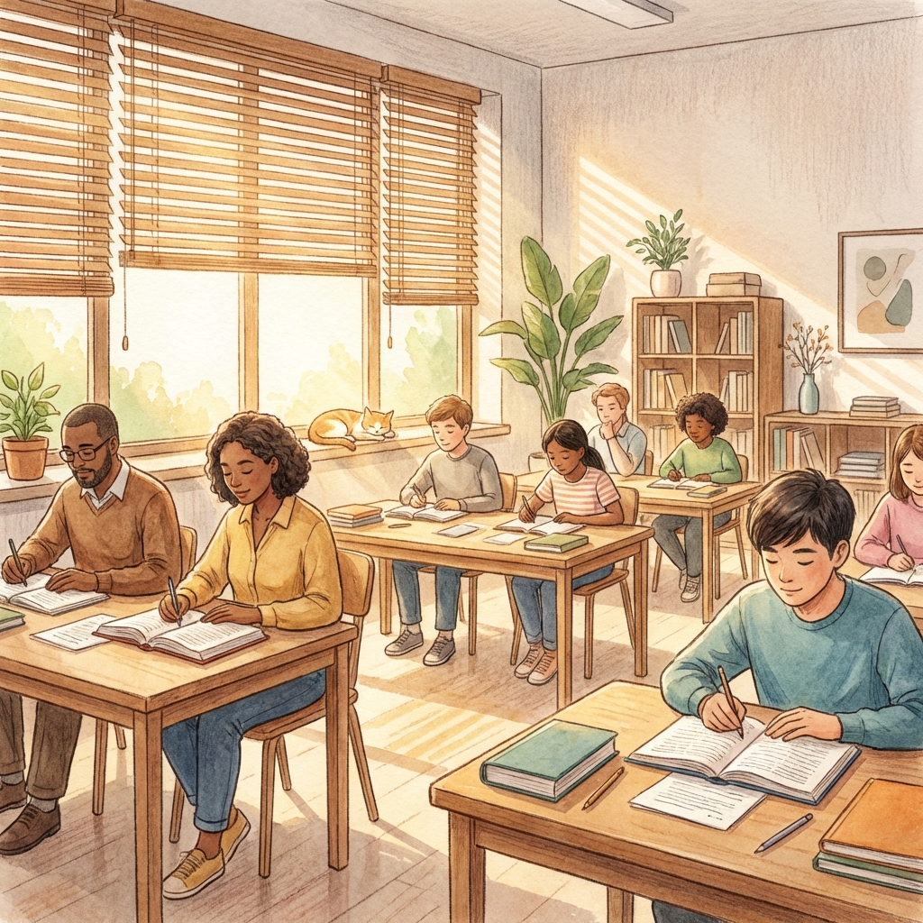 An artistic illustration of a quiet, modern classroom interior where several people are focused on their papers, soft sunlight filtering through blinds, creating a studious and calm atmosphere. 1:1
