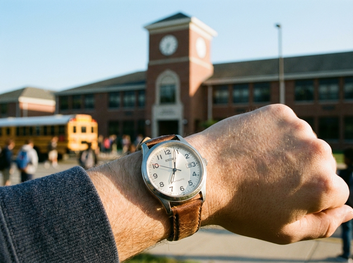 A realistic shot focusing on a person's wrist wearing an analog watch, with a blurred school building in the background during a clear day, symbolizing punctuality and preparation. 4:3