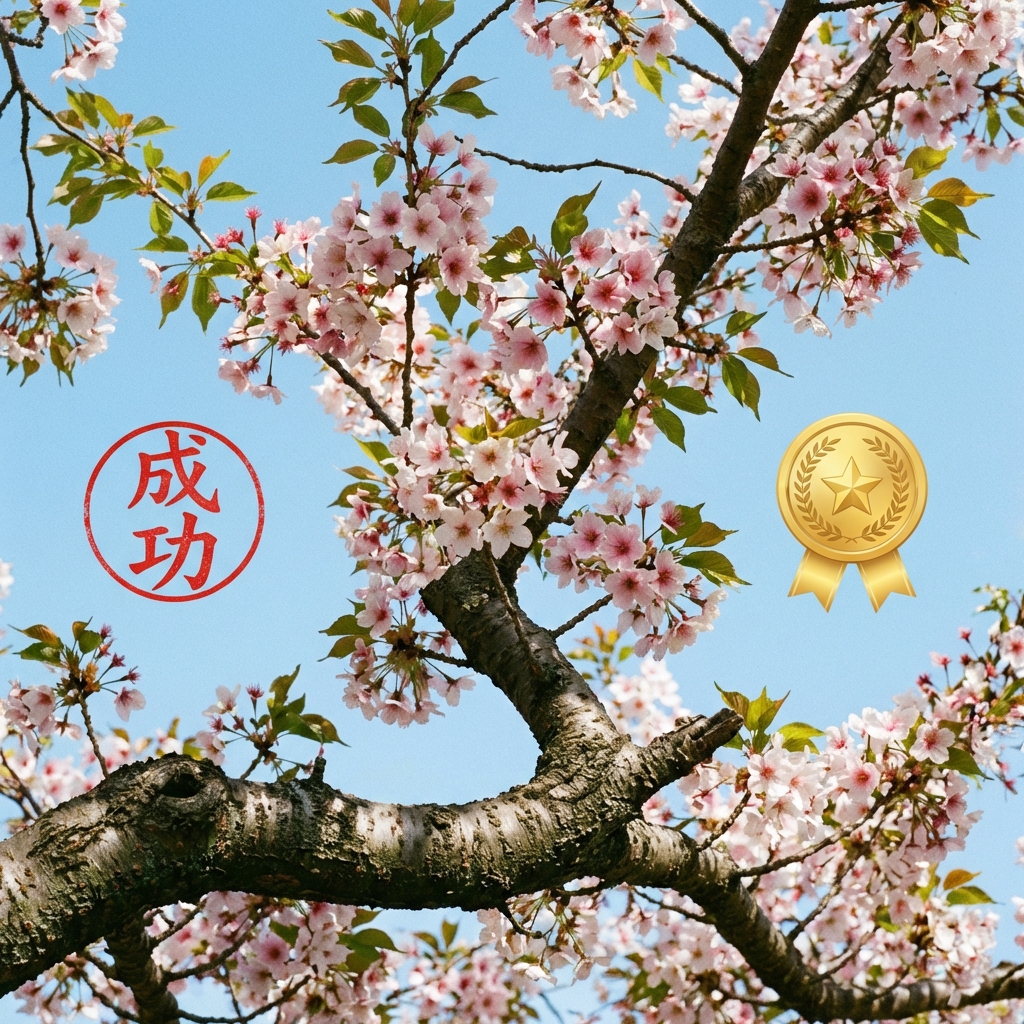 A detailed composition of a Japanese cherry blossom branch in front of a blue sky, with a red circular stamp symbolizing success and a golden medal icon floating nearby. 1:1