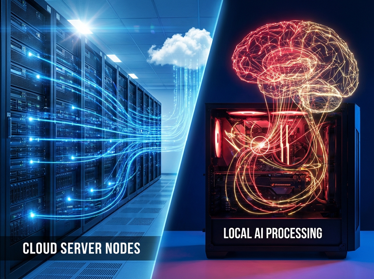 Comparison of cloud server nodes and a powerful local desktop computer with glowing light paths indicating local AI processing, high contrast, tech style, 4:3