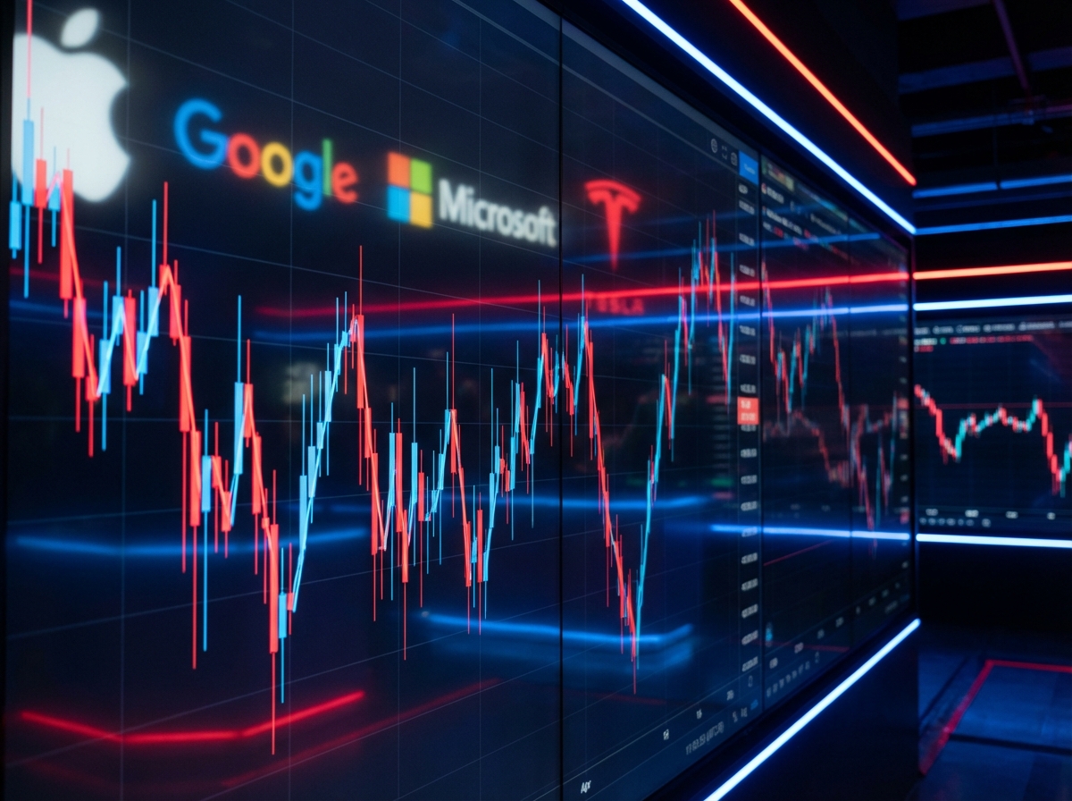 Financial stock market candles showing extreme volatility with tech company logos softly blurred in the background, blue and red neon lighting, realistic photography, 4:3