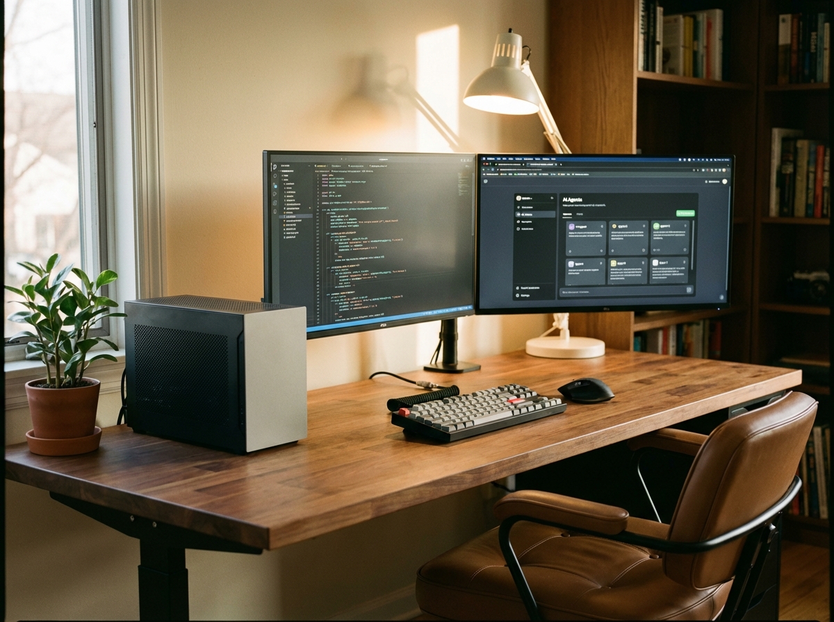 A clean minimalist desk setup with a small powerful computer and multiple monitors showing complex code and AI agent activity, warm lifestyle lighting, professional atmosphere, 4:3