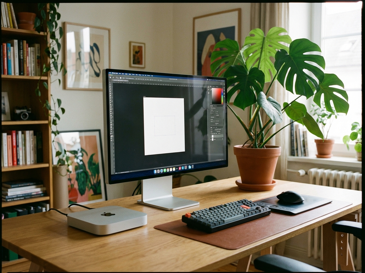 A professional creative workstation featuring a Mac mini M4 connected to a large high resolution monitor with a plant and keyboard lifestyle photography 4:3