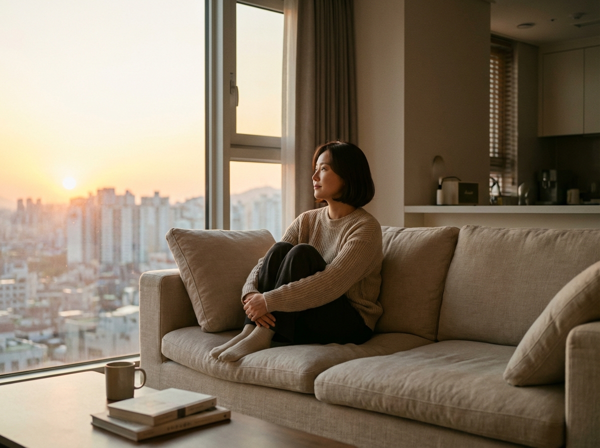 A Korean person sitting on a comfortable sofa looking out a window at a sunset, reflective and calm mood, soft lighting, modern interior, lifestyle photography, 4:3