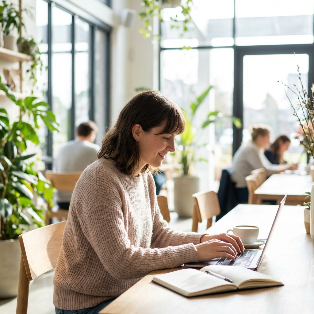 A person looking relaxed while working in a modern cafe with a laptop, bright and airy atmosphere, feeling of freedom and productivity, 1:1
