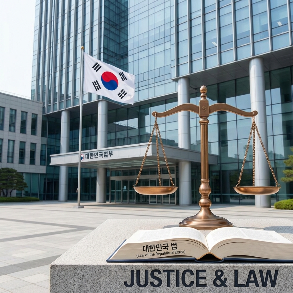 A symbolic representation of justice and law featuring a balanced scale of justice in the foreground. In the background, a modern Korean government building with a clean and professional atmosphere. High contrast, informational style, bright and balanced lighting. 1:1