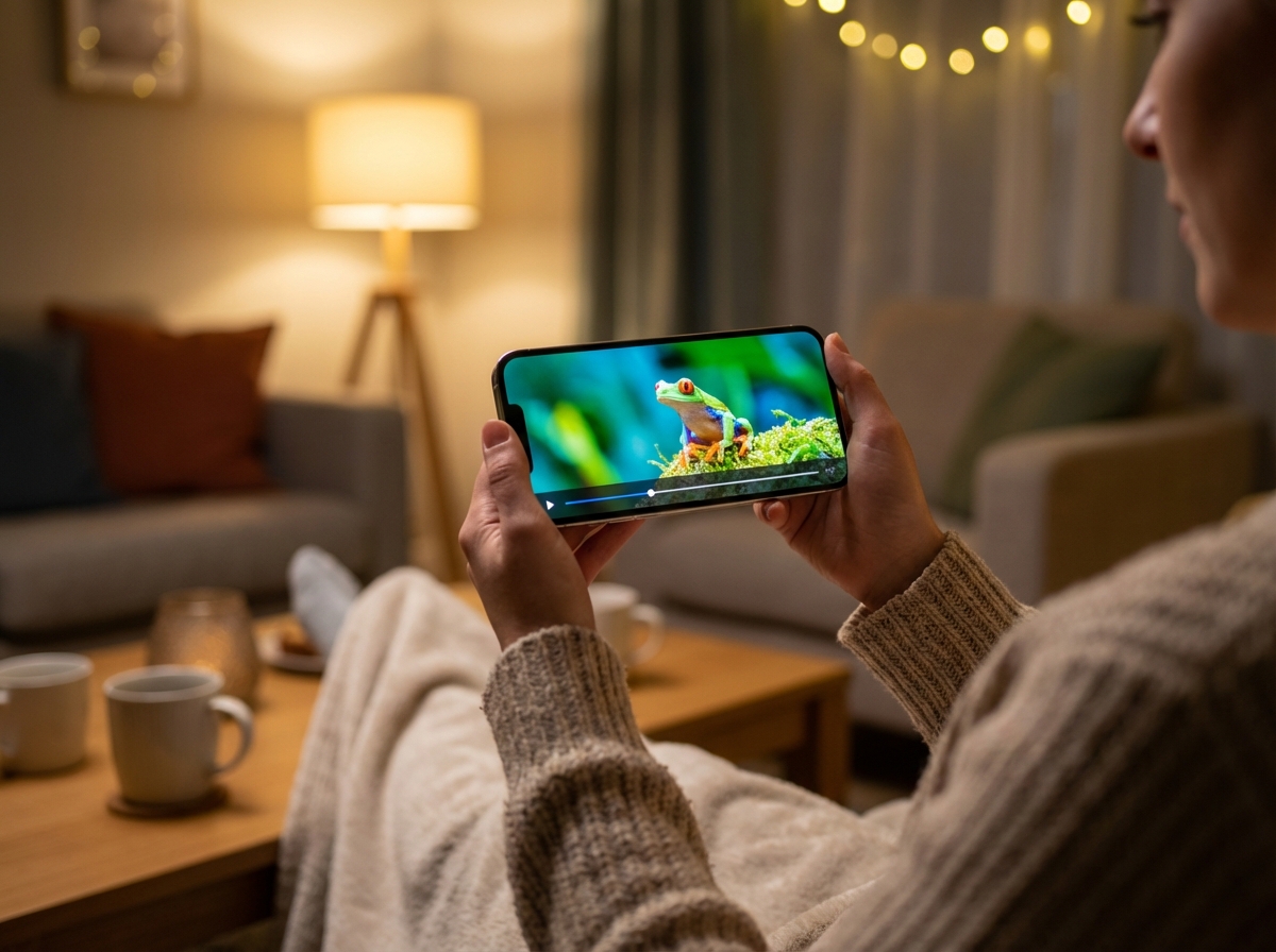 A person holding a modern smartphone horizontally, watching a vibrant video screen without any intrusive ads, clean UI on screen, cozy indoor lighting, high quality lifestyle photography, 4:3