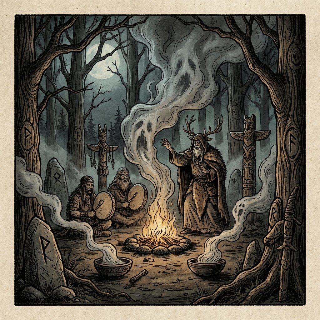 A mysterious and dark illustration of a traditional shamanic ritual setting in a rural forest, dim lighting, smoke rising, cinematic atmosphere, 1:1