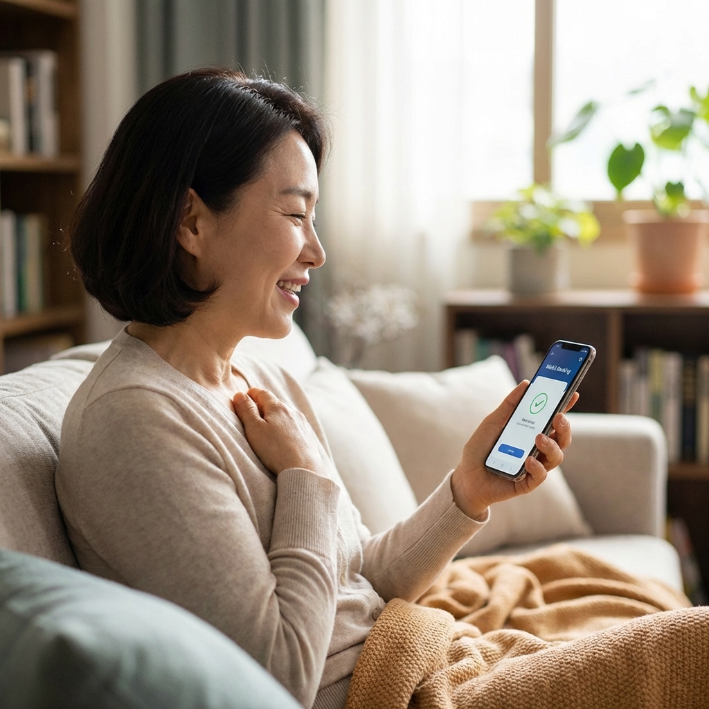 A Korean person looking relieved and smiling while checking a mobile banking app on a smartphone. In the background, a warm and cozy living room setting. The atmosphere is peaceful and secure. High-quality lifestyle photography, 1:1, NO KOREAN TEXT.