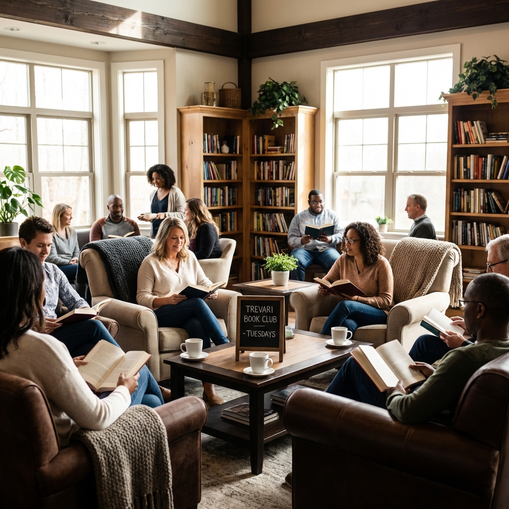 A cozy and modern community lounge for a book club Trevari. People are sitting in comfortable chairs, holding books and engaging in warm conversation. The lighting is soft and natural, with bookshelves in the background. High contrast, lifestyle photography. 1:1