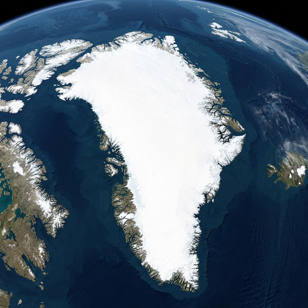 A wide-angle satellite view of Greenland situated between the Arctic Ocean and the North Atlantic Ocean. The island is covered in white ice with surrounding dark blue water. High quality realistic map style. No text. 1:1